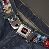 MARVEL AVENGERS MARVEL AVENGERS LOGO FULL COLOR BLACK RED WHITE SEATBELT BELT - MARVEL AVENGERS 4-SUPERHERO POSES CLOSE-UP WEBBING